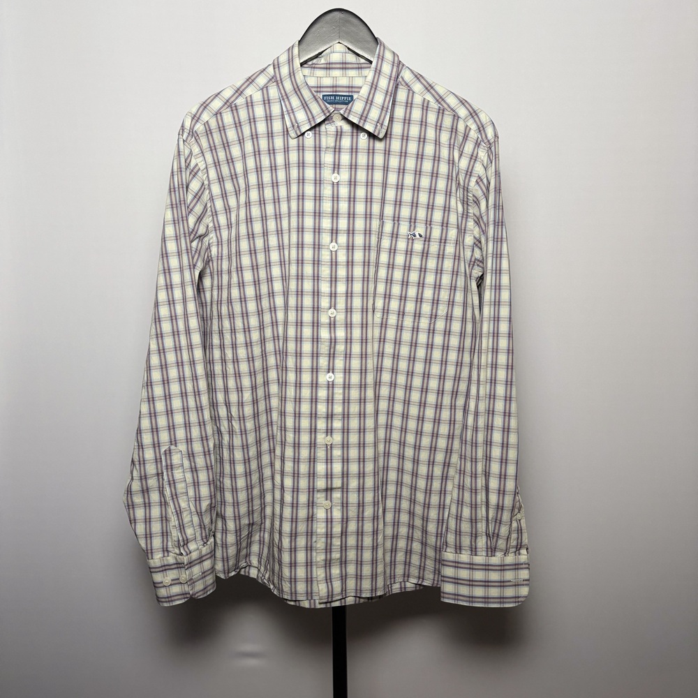 Fish Hippie Solace Collection Men's Button-Up Shirt Multi Plaid Size L Stretch
